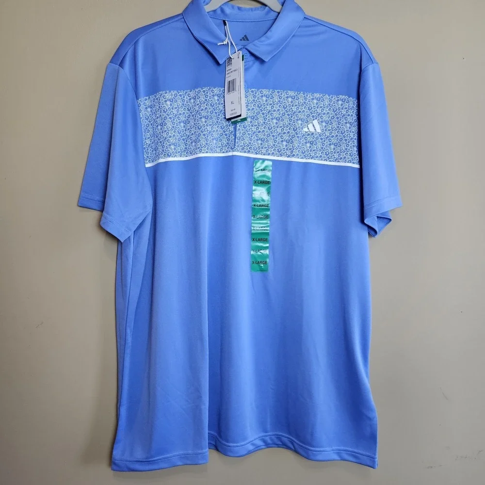 Adidas Golf Polo Shirt Men's XL Blue Printed Stripe Performance Short Sleeve NWT - Picture 1 of 4